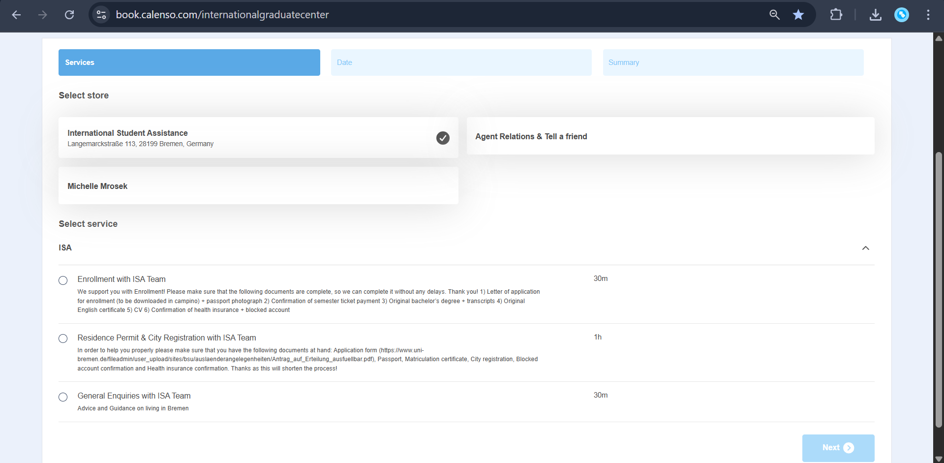 Calenso booking page